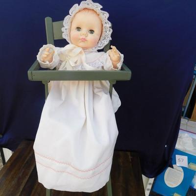 1974 EFFANBEE DOLL WITH ORIGINAL CLOTHING AND NEAT OLD VINTAGE WOODEN HIGH CHAIR
