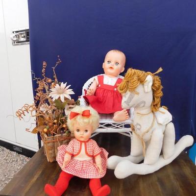 VINTAGE DOLLY'S IN RED AND ACCESSORIZING ITEMS OF DECOR