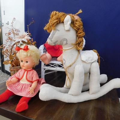 VINTAGE DOLLY'S IN RED AND ACCESSORIZING ITEMS OF DECOR