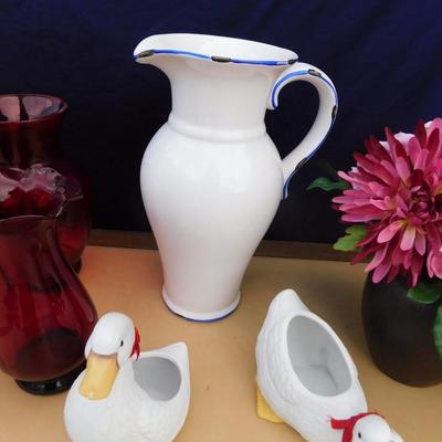 BEAUTIFUL CRANBERRY VASES, CUTE AVON DUCK PLANTERS & MORE
