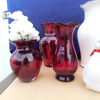BEAUTIFUL CRANBERRY VASES, CUTE AVON DUCK PLANTERS & MORE
