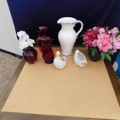 BEAUTIFUL CRANBERRY VASES, CUTE AVON DUCK PLANTERS & MORE