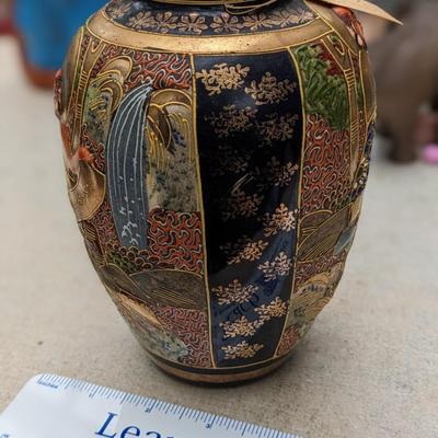 Vintage Japanese Satsuma Vase With Colorful High Relief Decoration