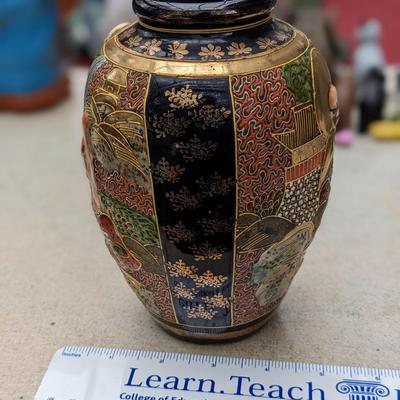 Vintage Japanese Satsuma Vase With Colorful High Relief Decoration