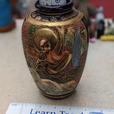 Vintage Japanese Satsuma Vase With Colorful High Relief Decoration