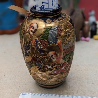 Vintage Japanese Satsuma Vase With Colorful High Relief Decoration