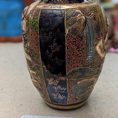 Vintage Japanese Satsuma Vase With Colorful High Relief Decoration