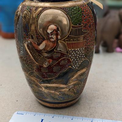 Vintage Japanese Satsuma Vase With Colorful High Relief Decoration