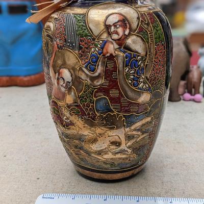 Vintage Japanese Satsuma Vase With Colorful High Relief Decoration