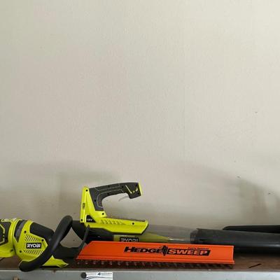Ryobi hedge trimmer, chainsaw and blower with charger