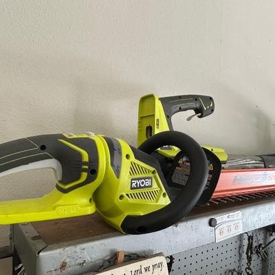 Ryobi hedge trimmer, chainsaw and blower with charger