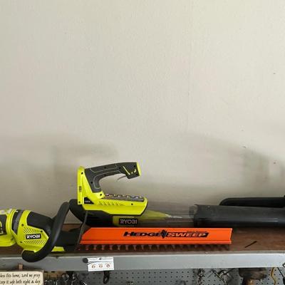 Ryobi hedge trimmer, chainsaw and blower with charger