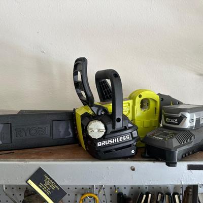 Ryobi hedge trimmer, chainsaw and blower with charger