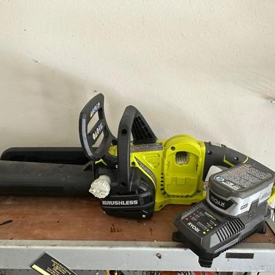 Ryobi hedge trimmer, chainsaw and blower with charger