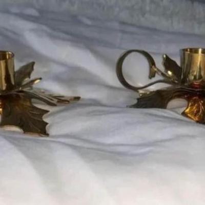 set of 2 Brass Vintage Tapered Candle Holder Finger Loop Holly Leaf
