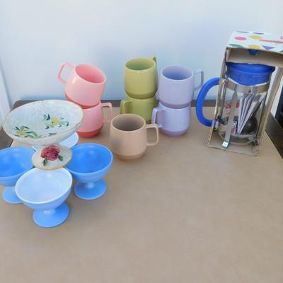 NIB COFFEE PRESS, VINTAGE COFFEE CUPS, ICE CREAM COMMODES, ITALIAN DISH
