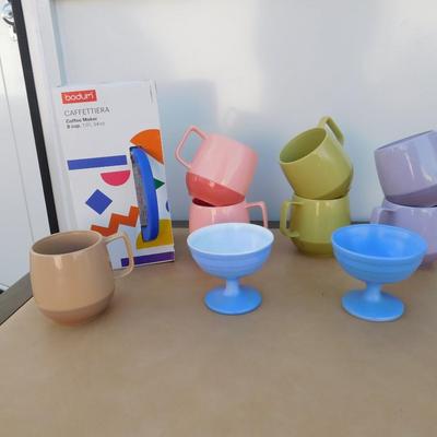 NIB COFFEE PRESS, VINTAGE COFFEE CUPS, ICE CREAM COMMODES, ITALIAN DISH