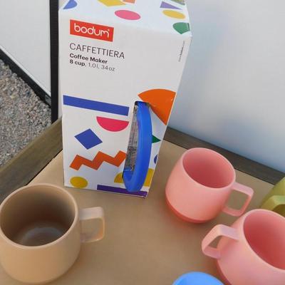 NIB COFFEE PRESS, VINTAGE COFFEE CUPS, ICE CREAM COMMODES, ITALIAN DISH