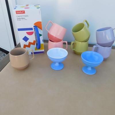 NIB COFFEE PRESS, VINTAGE COFFEE CUPS, ICE CREAM COMMODES, ITALIAN DISH