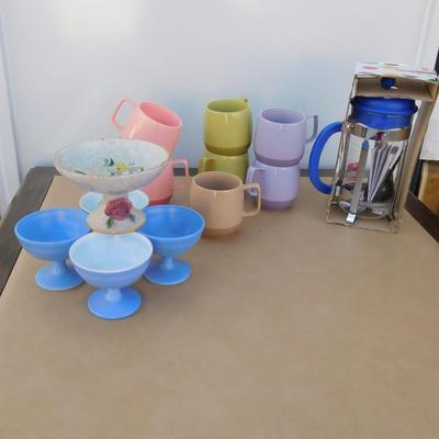NIB COFFEE PRESS, VINTAGE COFFEE CUPS, ICE CREAM COMMODES, ITALIAN DISH