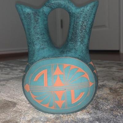 Rare Design Acoma Pueblo Indian Hand Etched Wedding Vase by J/S Lewis Signed