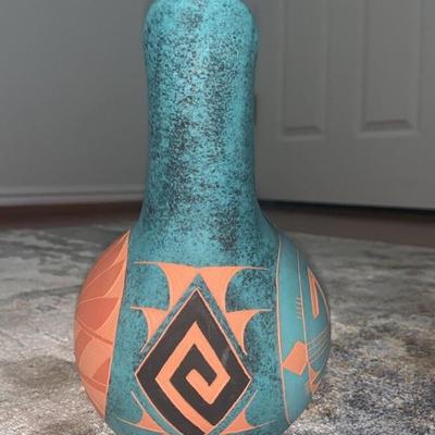 Rare Design Acoma Pueblo Indian Hand Etched Wedding Vase by J/S Lewis Signed