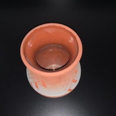Vintage Sioux Pottery Etched Painted Vase Signed 5"