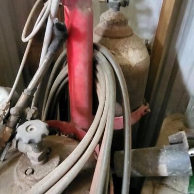Acetylene torch set. 2 bottles with red stand