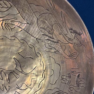 OLD CHINA HEAVY BRASS BOWL ETCHED DRAGON 