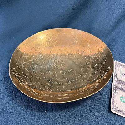 OLD CHINA HEAVY BRASS BOWL ETCHED DRAGON 