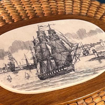 FAUX SCRIMSHAW SAILING SHIP MEDALLION OVAL BASKET 