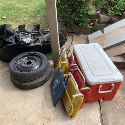 Ice chest, stadium chairs, tires