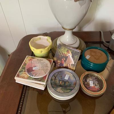 Books, coasters, lamp