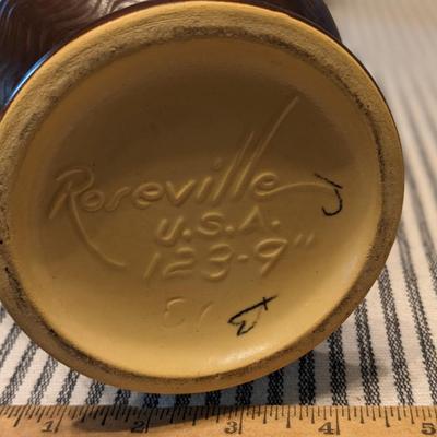 Vtg 40s Roseville Pottery 123-9 Tangerine Freesia Floral Double Handle Vase