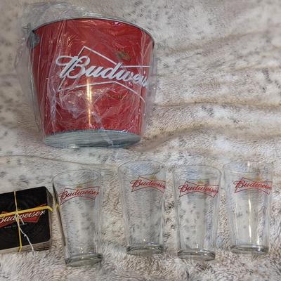 New Budweiser Set of Glasses, Bucket, and Coasters