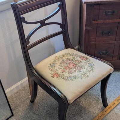 Antique Embroidered Mahogany Side, Dinette Chair