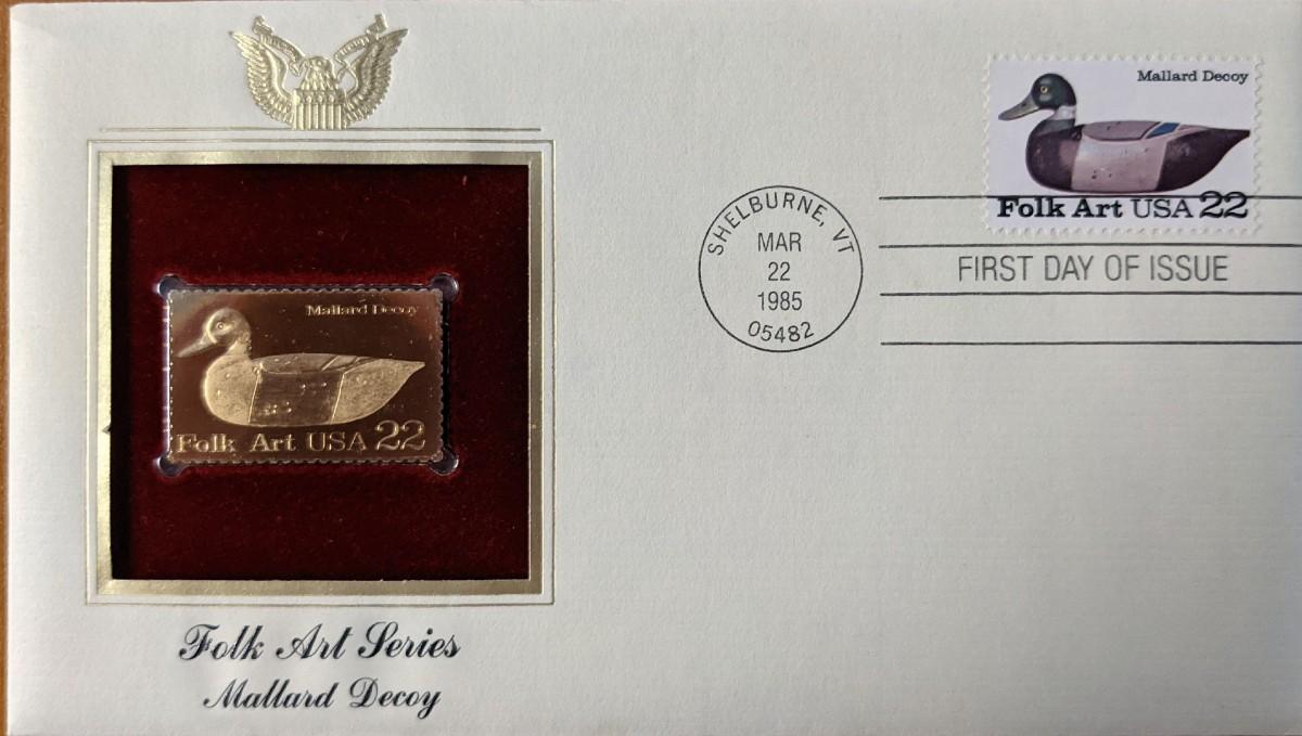 Folk Art Series Mallard Decoy Gold Stamp Replica First Day Cover