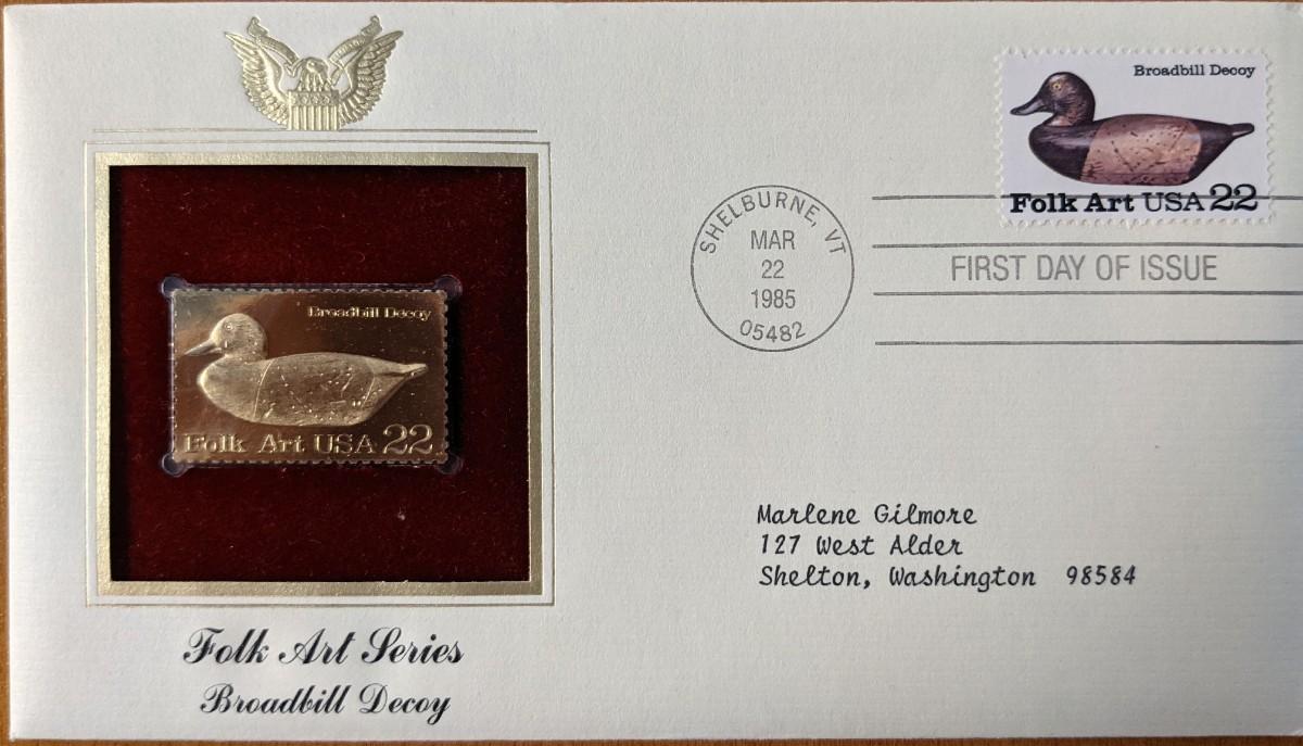 Folk Art Series Broadbill Decoy Gold Stamp Replica First Day Cover
