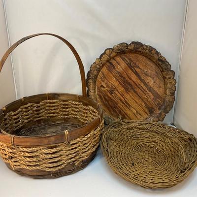 Rustic Home Decor Item Lot Baskets and Wood Stump Log Rough Edge Tray