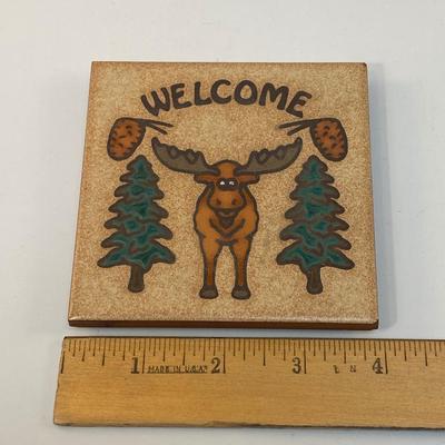 Rustic Moose with Pine Trees Welcome Tile Trivet Coaster Masterworks Handcrafted Art Tiles