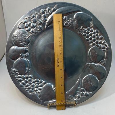 Large Wilton Pewter Metal Fruit Embossed Stamped Round Charger Serving Tray Plate Platter