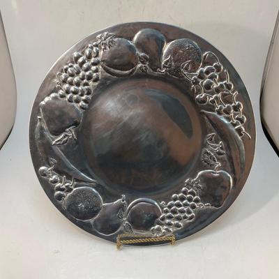 Large Wilton Pewter Metal Fruit Embossed Stamped Round Charger Serving Tray Plate Platter