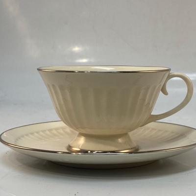 Retro Teacup & Saucer Ivory China with Silver Edge Border Ribbed Design