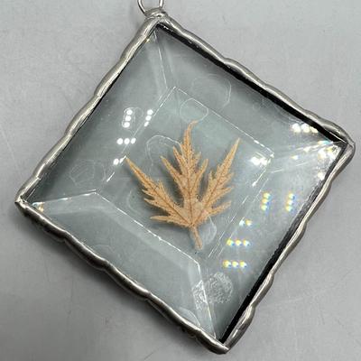 Vintage Encased Leaf Plant In Between Glass Necklace Pendant Charm
