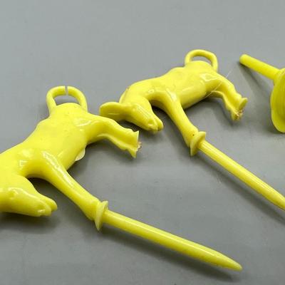 Vintage Yellow Plastic Birthday Cake Candle Holders and Pair of Jackass Cupcake Toppers