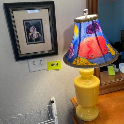 Yellow Cased Glass Lamp & Iris Picture