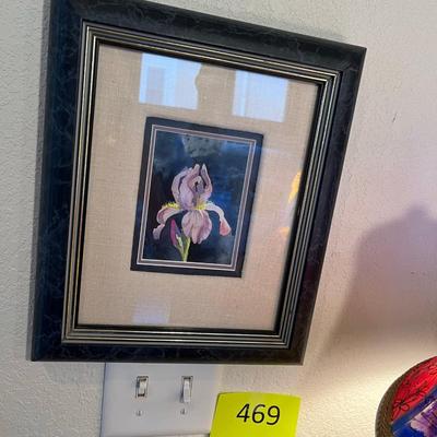Yellow Cased Glass Lamp & Iris Picture