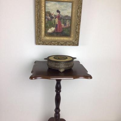 213 Pedastal Table & Painting â€œLady at the Racesâ€