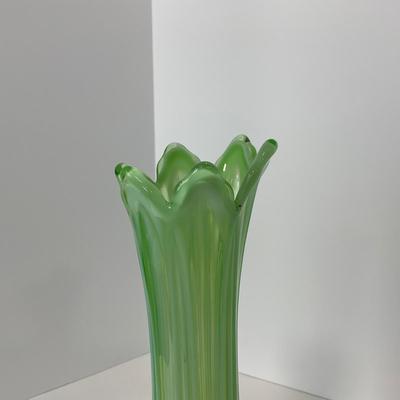 -137- GLASSWARE | Large Green Mid Century Stretch Vase