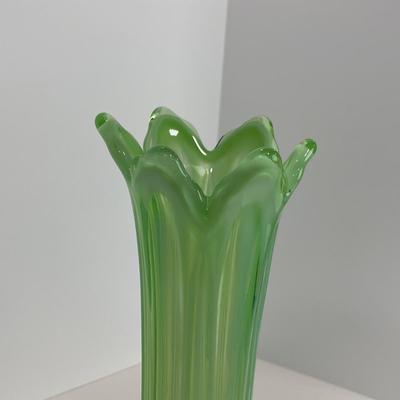 -137- GLASSWARE | Large Green Mid Century Stretch Vase